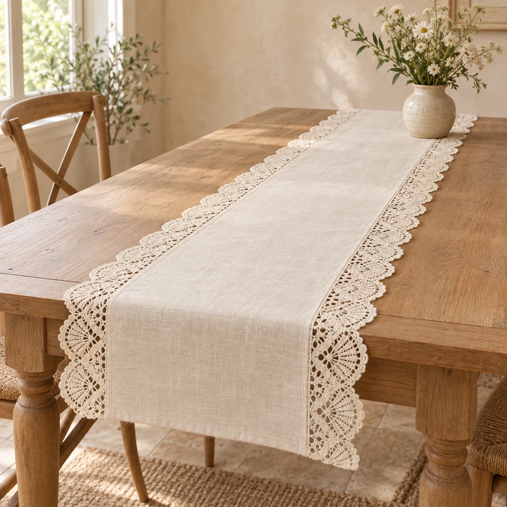 Ivory Ivory Heirloom cotton–linen table runner with wide scalloped fan lace