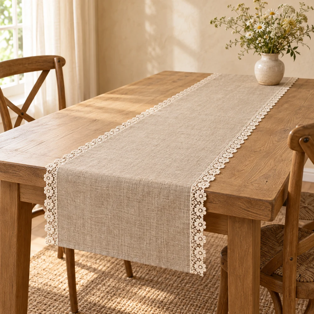 Natural flax Meadow Lace cotton–linen table runner with narrow ivory daisy lace