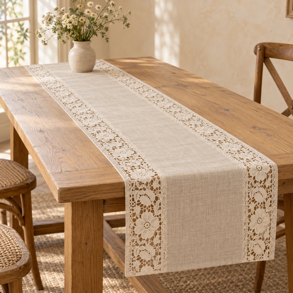 Ecru Moonlit Ecru cotton–linen table runner with broad floral lace inset panels