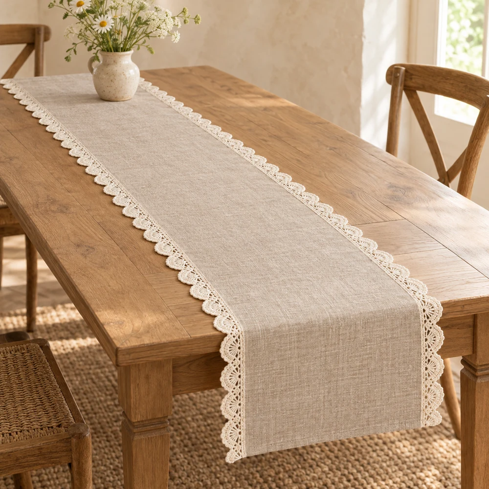 Oatmeal Oatfield Scallop cotton–linen table runner with rounded shell scallop lace