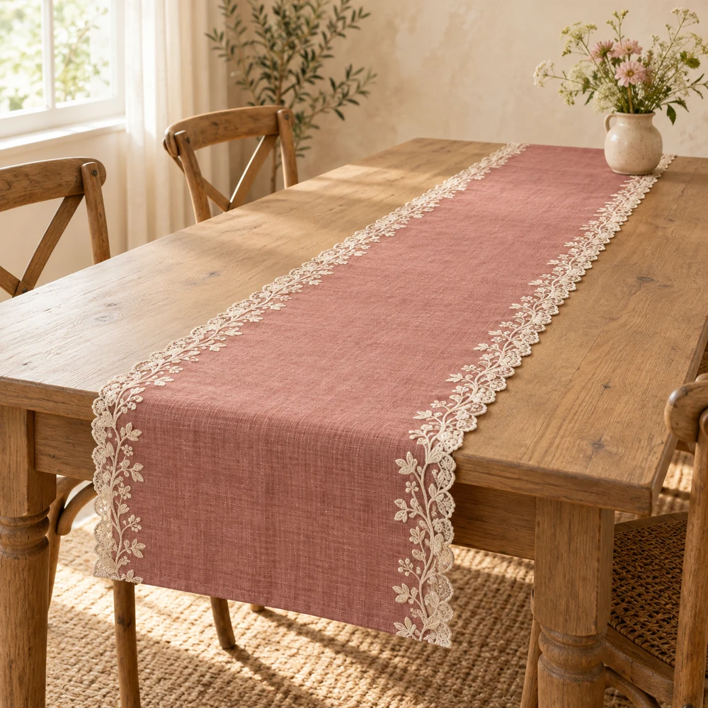 Dusty rose Rosewater Garden cotton–linen table runner with ivory trailing vine lace