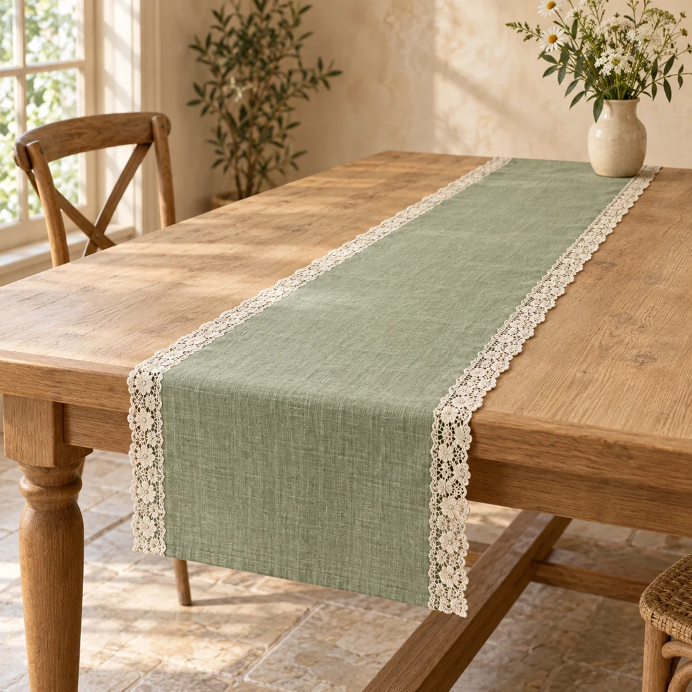 Sage green Sage Cottage cotton–linen table runner with narrow ivory floral lace