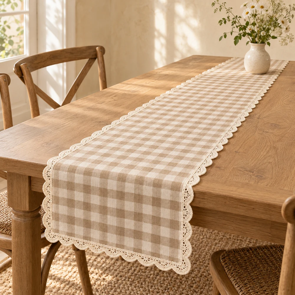 Sand & ivory Sunday Gingham cotton–linen table runner with soft gingham checks and rounded lace