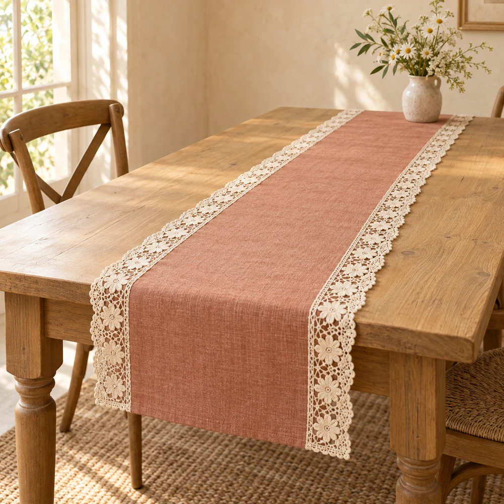 Terracotta Terracotta Bloom cotton–linen table runner with cream floral lace